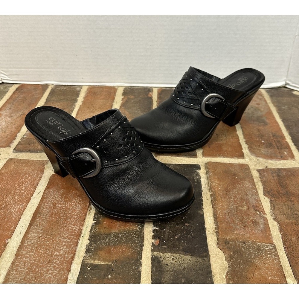 Euro Sofft Black Leather Mules Bridge Strap / Studs & Buckle Clogs Women's 8.5